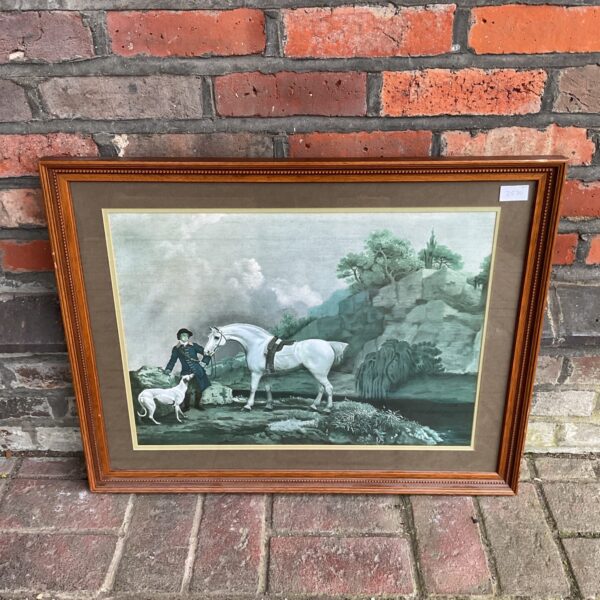 Antique George Stubbs style print of a grey hunter and greyhound.