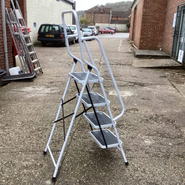 White metal step ladder in a garden setting.