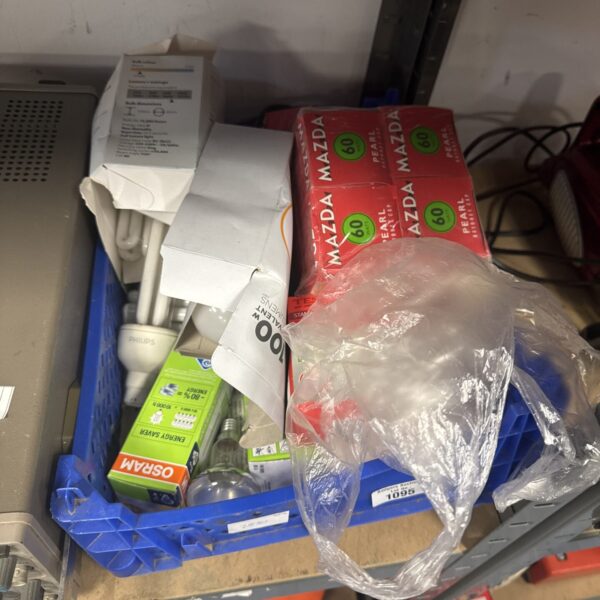 Assorted vintage and modern light bulbs, including a box of Mazda bulbs.