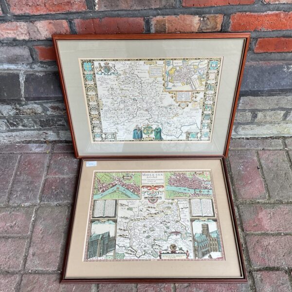 Framed reproduction maps of Buckinghamshire and Middlesex in antique style.