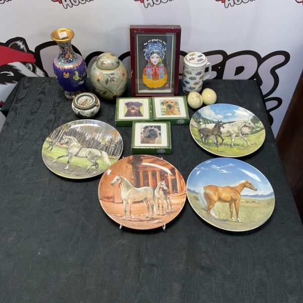 Colorful cloisonné vase with Spode horse plates and a Princess Yang shadow box.