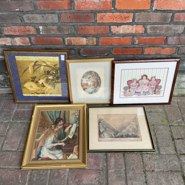Group of five vintage prints, antique wall art collection.