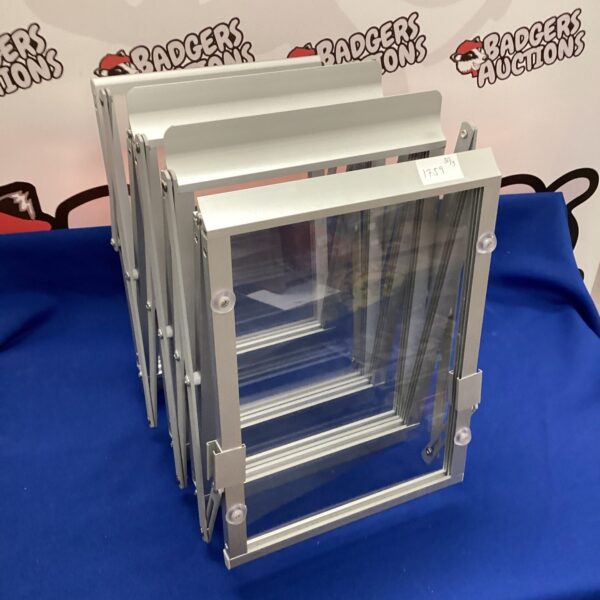 Silver folding literature display stand for brochures and leaflets.