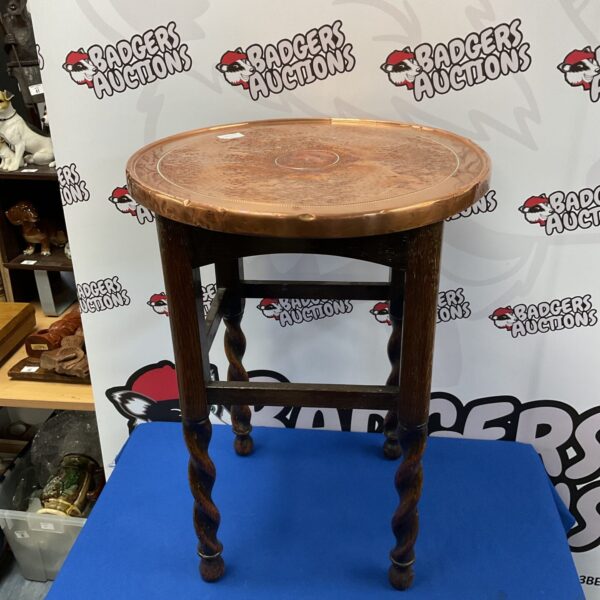 Antique copper top table with barley twist legs, vintage oak.