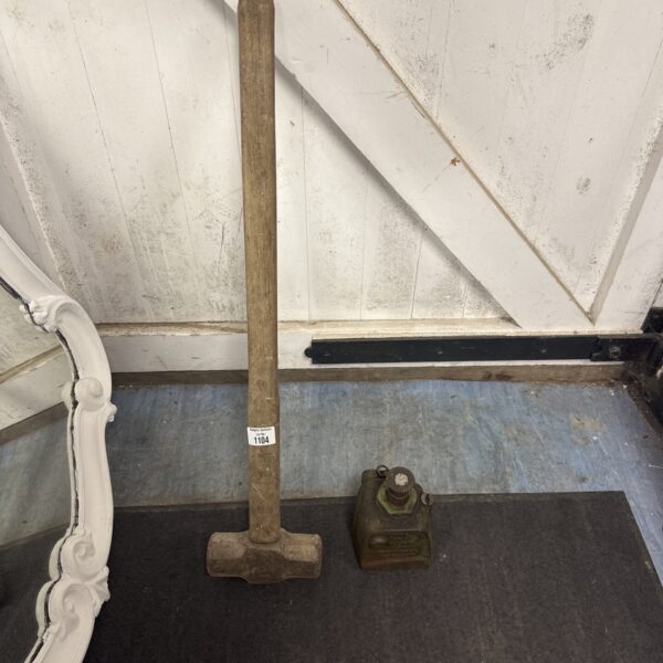 Vintage sledge hammer and Lake & Elliott bottle jack, antique tools.