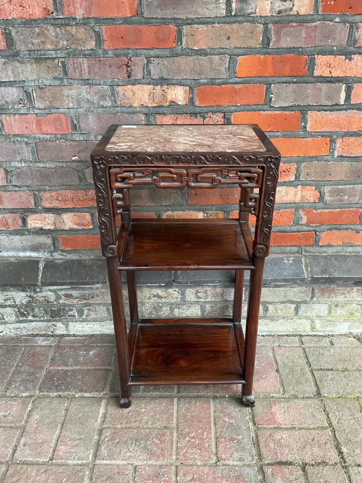 825 Chinese hardwood two tier occasional table with inset marble top & carved frame