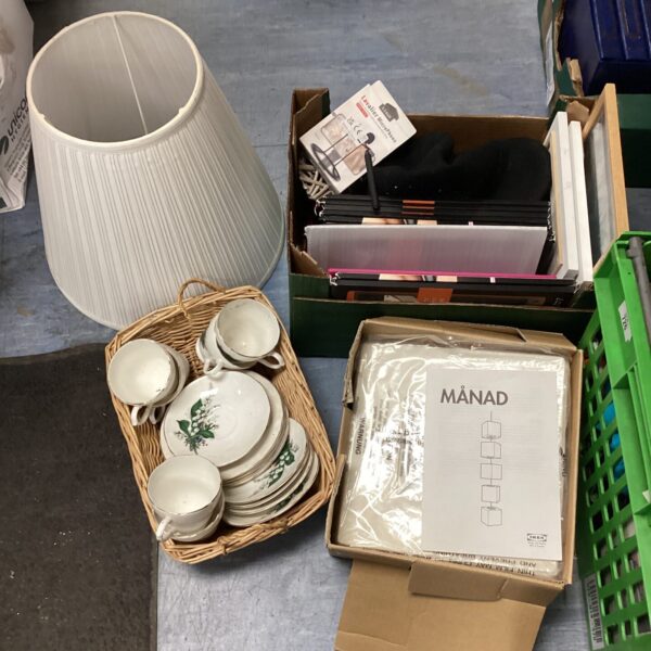New Ikea Manad ceiling light shades with a china tea set in a house clearance lot.
