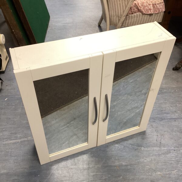 White mirrored bathroom cabinet for storage and reflection.