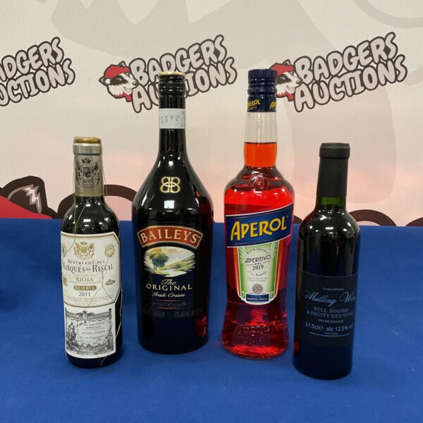 Mixed lot of alcohol bottles including Baileys, Aperol, and wine.