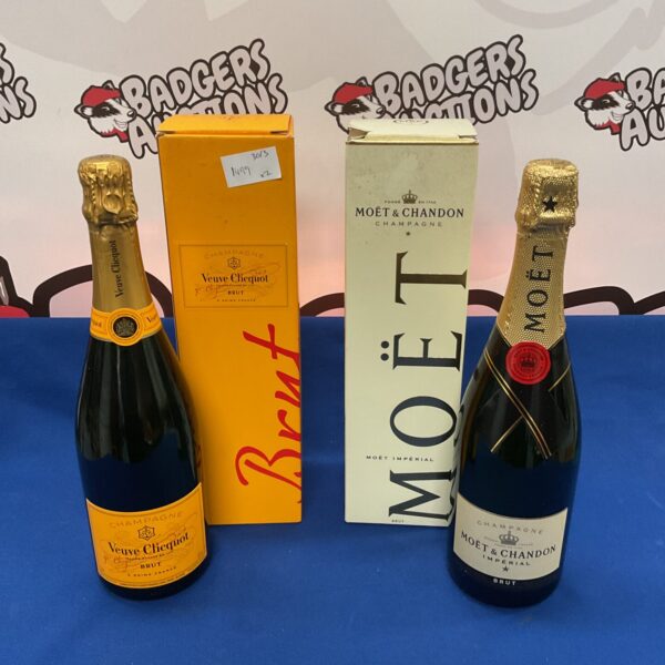 Champagne gift set featuring Veuve Clicquot and Moet & Chandon bottles.