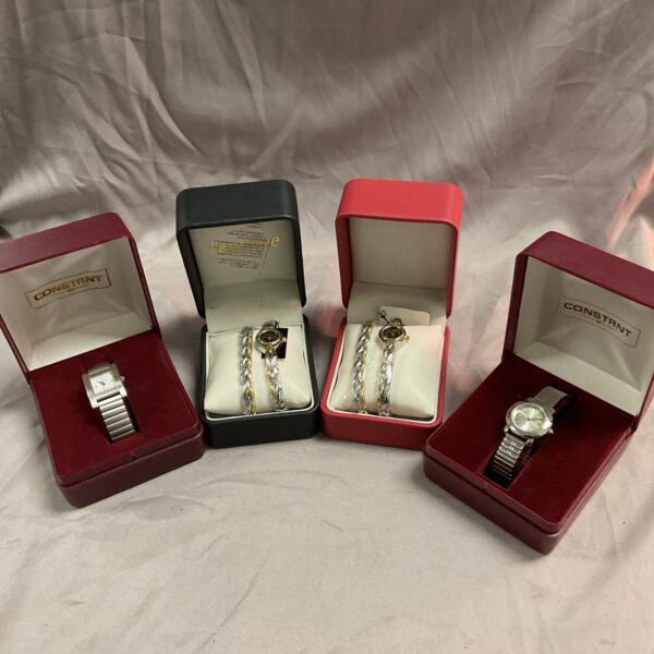 Ladies Constant wristwatches and matching bracelets in a presentation box.