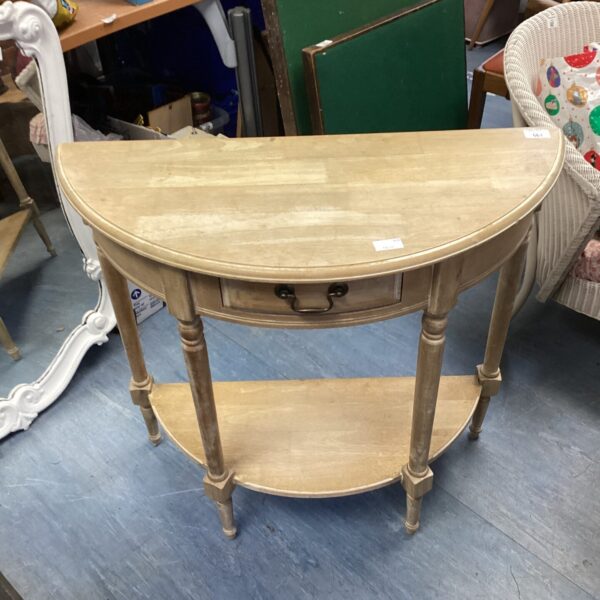 Elegant demi lune hall table with a single drawer, antique style.