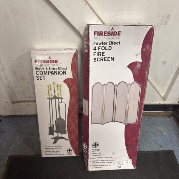 Black and gold fireside companion set in original packaging.