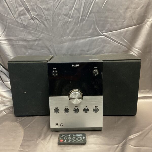 Front view of a silver Bush micro hifi system with remote.