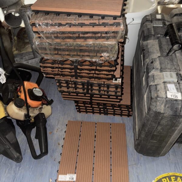Lot of interlocking decking tiles for temporary outdoor spaces.