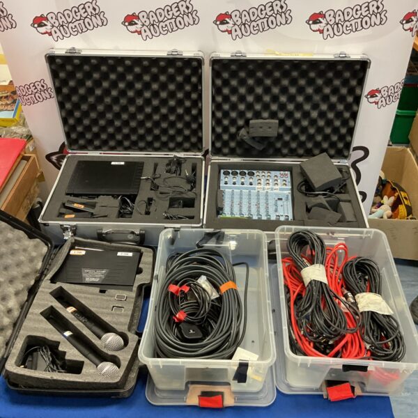 Microphone mixer lot with two microphones and cables.