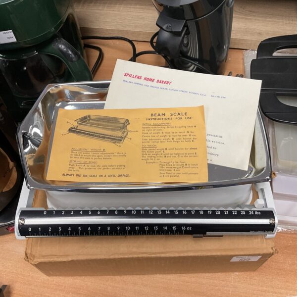 Vintage West German beam scales in original box, kitchenalia collectible.