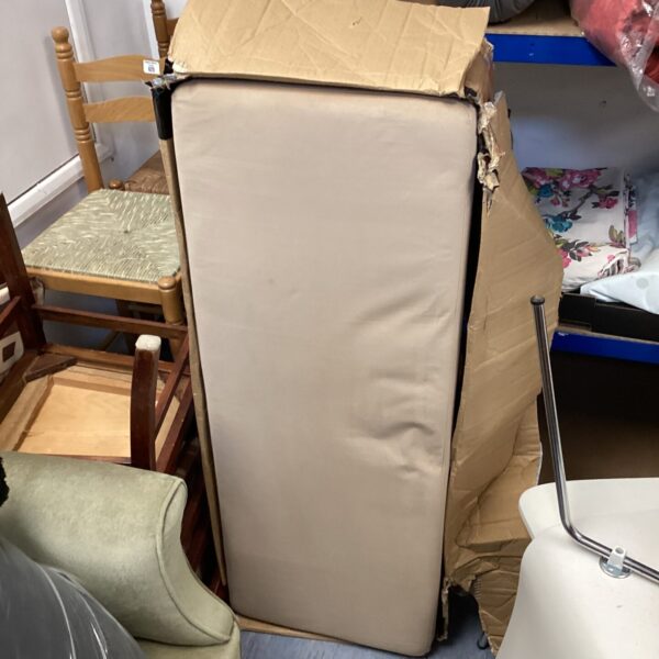 Beige velvet storage ottoman, new in packaging, ideal for home storage.