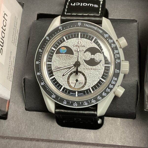 Front view of the white Omega Swatch MoonSwatch ‘Mission to the Moon’ watch.