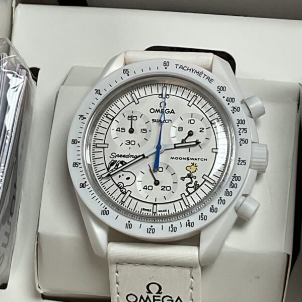 Front view of the white Omega Swatch MoonSwatch Mission to the Moonphase watch.