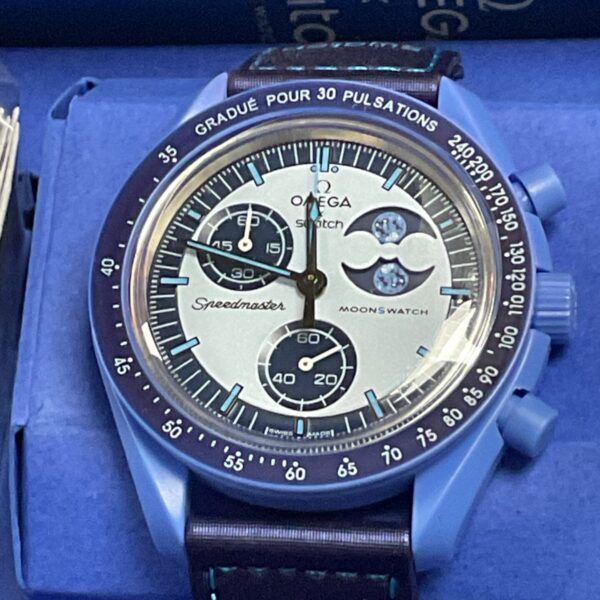 Front view of the Omega Swatch MoonSwatch Super Blue Moonphase bioceramic watch.