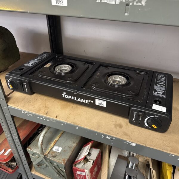 Topflame twin burner camping gas stove for outdoor cooking.