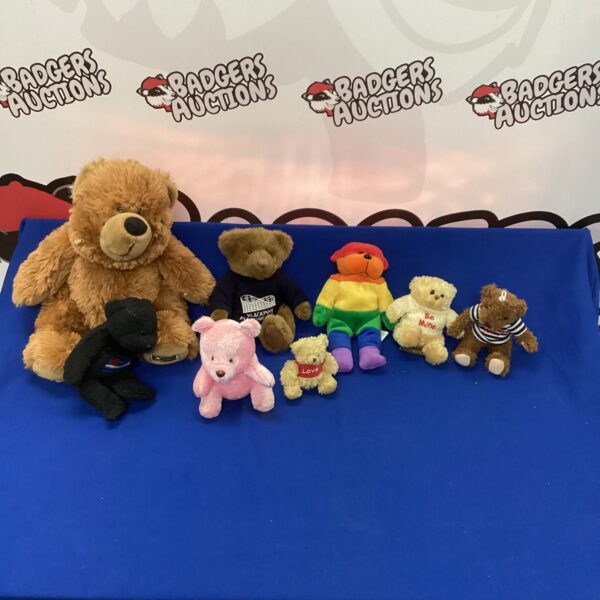 Group of vintage teddy bears, plush toys, collectible bears.