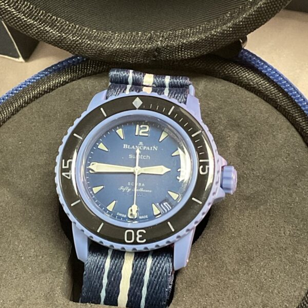 Front view of the Blancpain Swatch Fifty Fathoms Atlantic Ocean bioceramic watch.