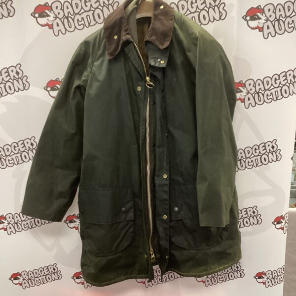Vintage Barbour waxed jacket size 40, classic country wear.