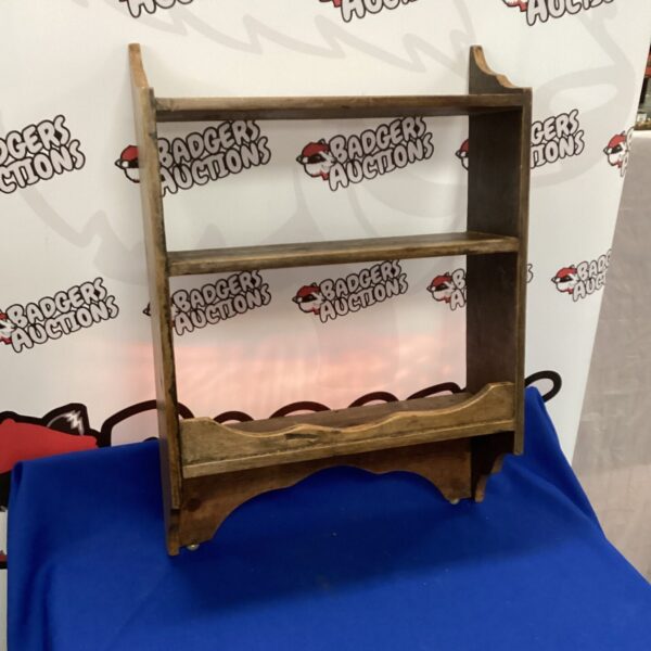 Vintage oak shelf unit with three tiers, rustic farmhouse style.