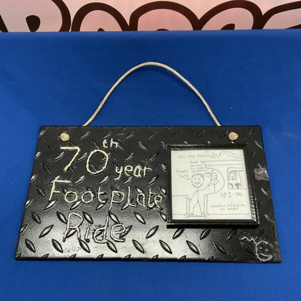 Vintage steam train footplate ride commemorative plaque.