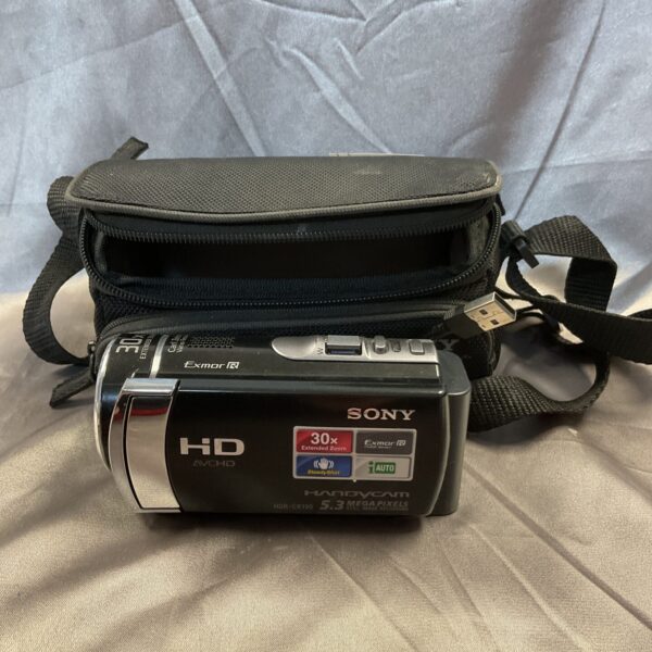 Sony HDR CX190E camcorder with case, handheld digital video camera.