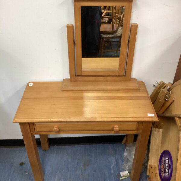 Vintage pine dressing table with mirror and single drawer.