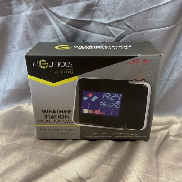 Ingenious weather station projector clock displaying time and date.