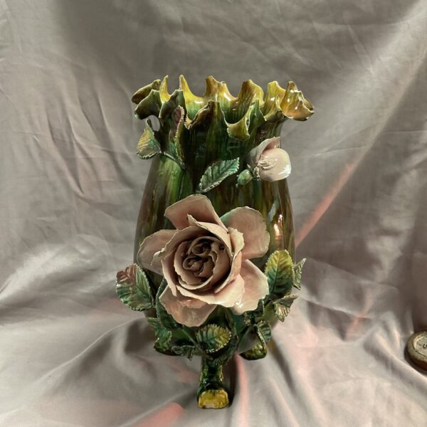 Vintage French barbotine vase with rose decoration.