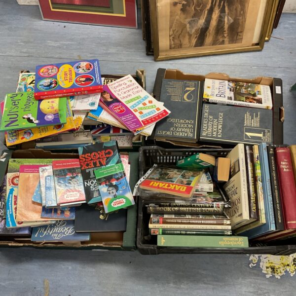 Overview of a mixed book lot with colourful children's books.
