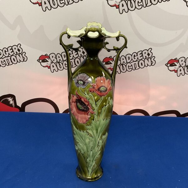 Antique Art Nouveau vase with vibrant poppy floral decoration.