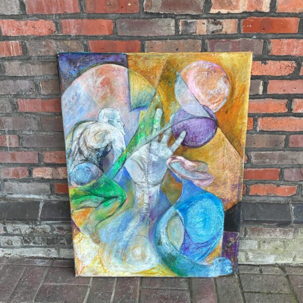 Large modernist mixed media painting displayed against a brick wall.
