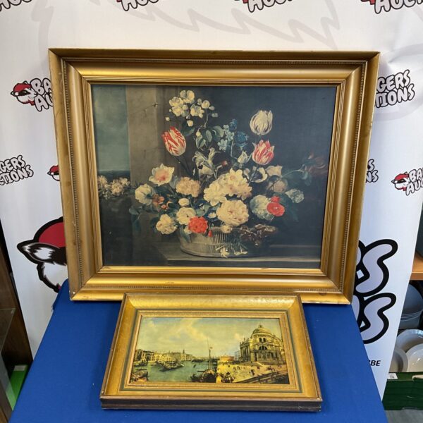 Vintage gilt framed prints featuring Venice and a floral bouquet.