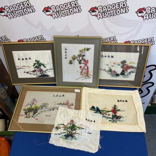 Six vintage Chinese silk embroidery panels depicting detailed scenes.