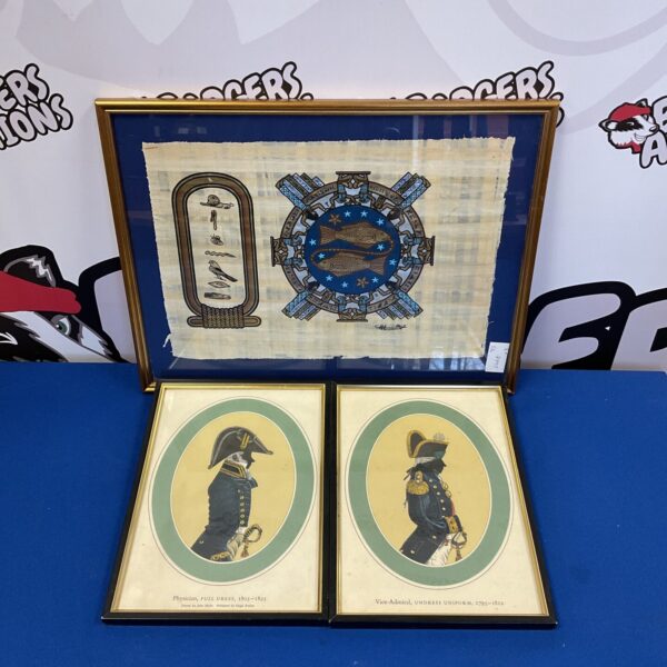 Antique John Melo silhouette prints with Egyptian papyrus fragment.