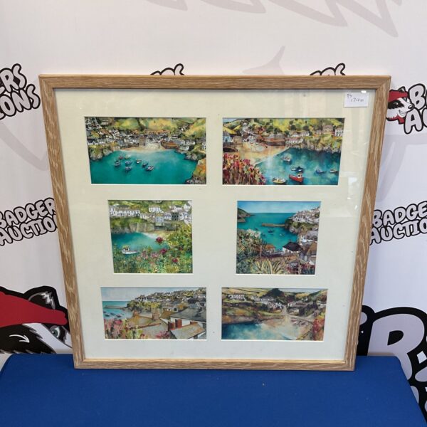 Framed set of miniature Port Isaac gallery prints depicting coastal scenes.