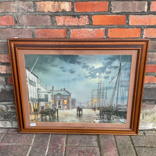 Large framed Rodney Charman print of Poole Quay by gaslight.