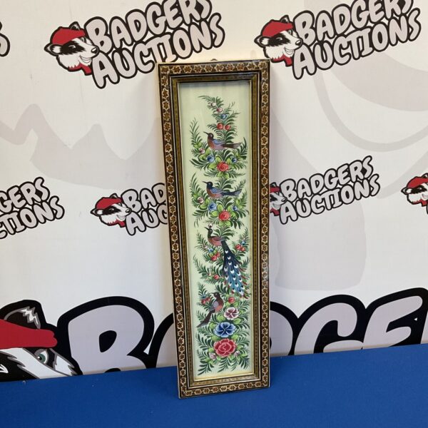Vintage oil painting of colourful birds and botanical foliage.
