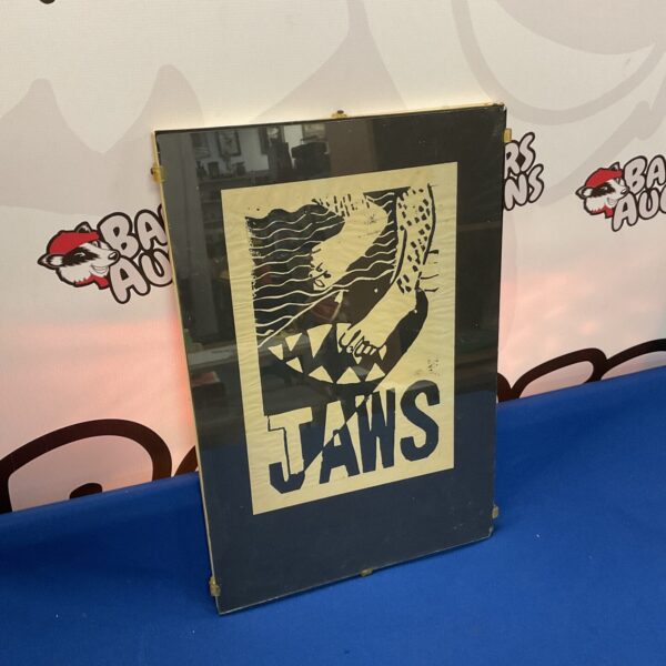 Vintage screen print titled "Jaws" with abstract design.