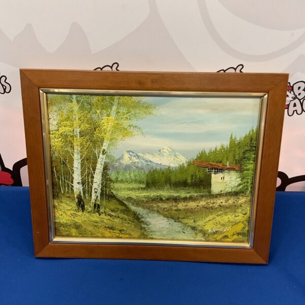 Signed Keith Bowman oil painting of a river landscape with mountains.