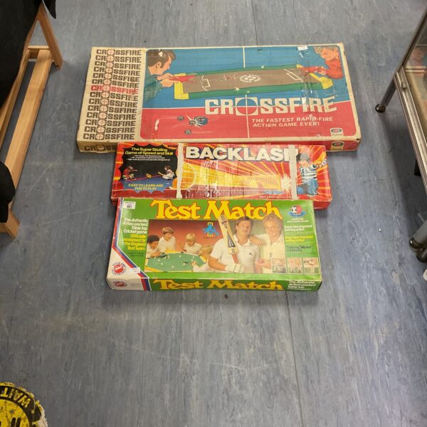 Vintage board games lot including Crossfire, Backlash and Test Match.
