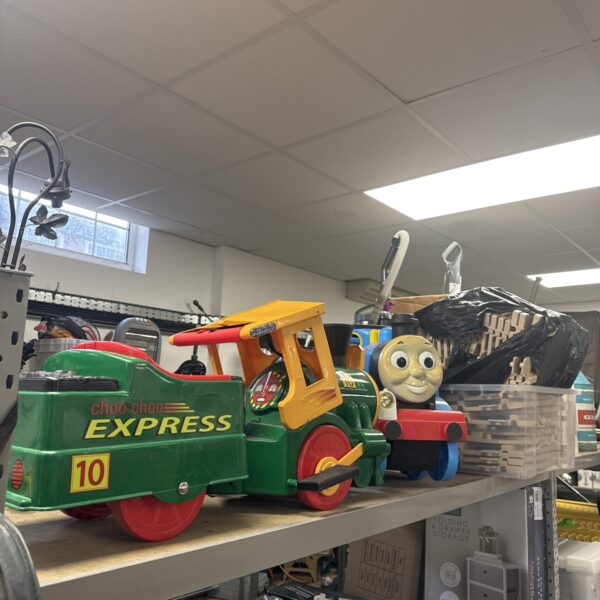 Ride on train set featuring Choo Choo Express and Thomas the Tank Engine.