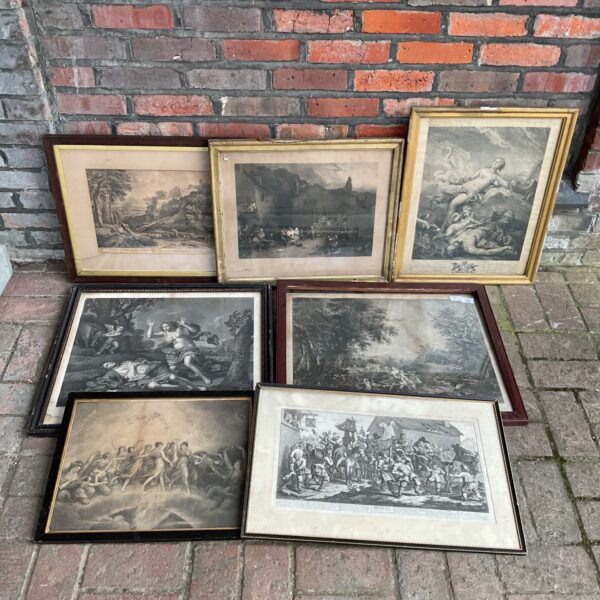 Antique framed engravings lot, 19th century vintage wall art.