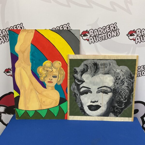 Pair of vibrant pop art watercolour paintings of Marilyn Monroe.